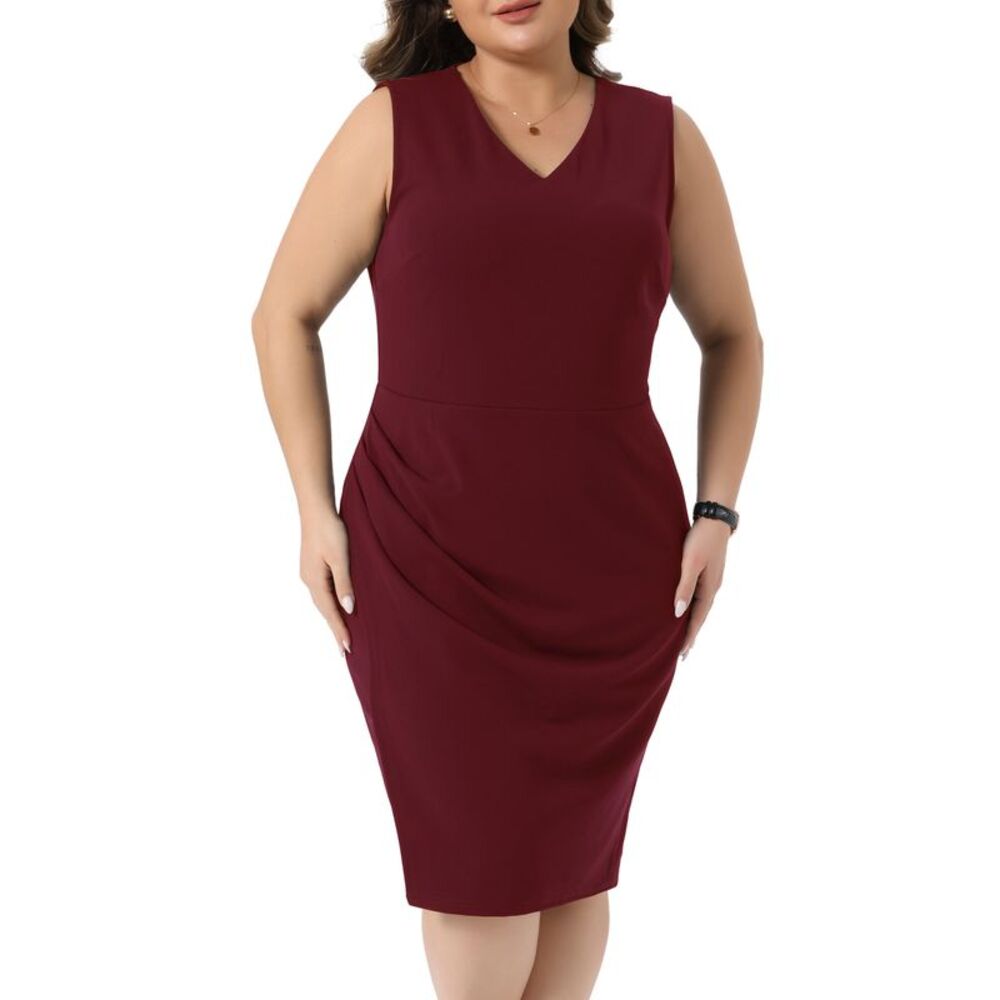 Women Plus Size Sleeveless V Neck Ruched Bodycon Work Dress Burgundy